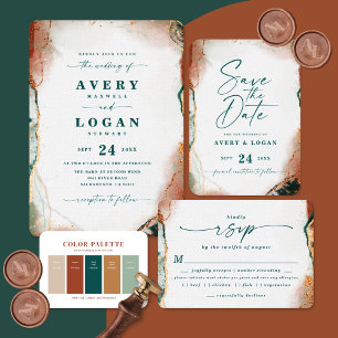 Abstract Ethereal Dark Teal & Copper Fall Wedding Save The Date