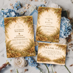 Vintage Autumn Woodland Botanical Wedding Save The Date