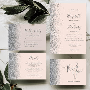 Modern Blush Pink Silver Glitter Edge Wedding Invitation