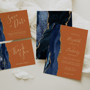 Navy Blue Gold Agate Burnt Orange Wedding Details Enclosure Card