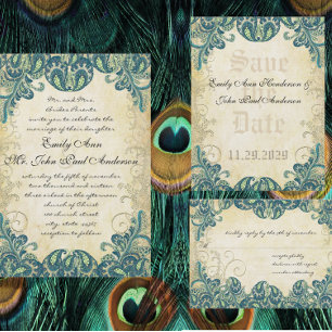 Royal Blue & Green Paisley Peacock Wedding Invite