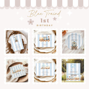 Vintage Blue Train 1st Birthday  Thank You Card