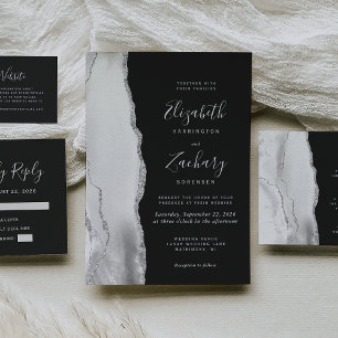 Modern Gray White Silver Agate Slate Wedding Invitation
