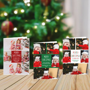Merry Christmas Green Script Family Photo Collage Holiday Card