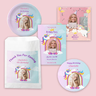 Cute pink and purple unicorn custom photo birthday invitation