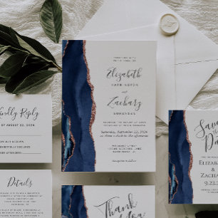 Navy Blue Rose Gold Agate Wedding Flat Thank You Card