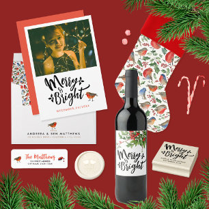 Simple Merry And Bright Christmas Robin Photo Holiday Card