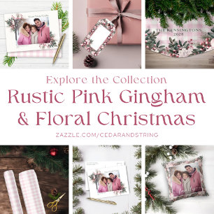 Rustic Pink Gingham Plaid Floral Holiday Photo