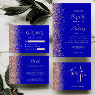Modern Royal Blue Rose Gold Glitter Edge Wedding Invitation