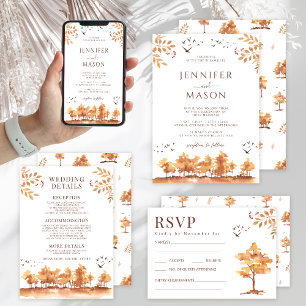 Brown Fall Autumn Trees Wedding Details Cards