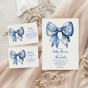 Watercolor Boy Ribbon Dusty Blue Bow  Invitation