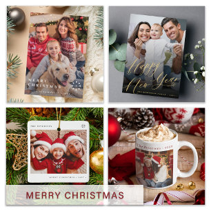 Gold Merry Christmas elegant script simple photo Holiday Card