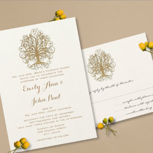 Brown and Moss Green Swirl Tree Vintage Damask Invitation