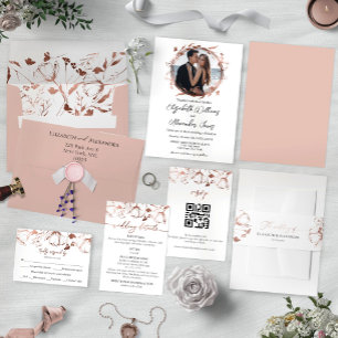 Monogram Floral Rose Gold Foil Photo Wedding Menu Invitation