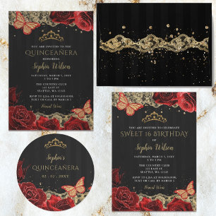 Budget Red Roses Black Gold Sweet 16 Invitation