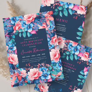 Watercolor Floral 40th Birthday Guest Book Navy