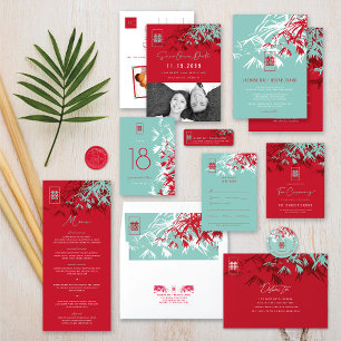 Red & Turquoise Bamboo Leaves Zen Chinese Wedding  Invitation