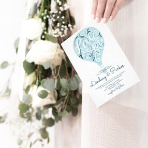 Hand Letter Blue Hot Air Balloon Wedding Reception Invitation