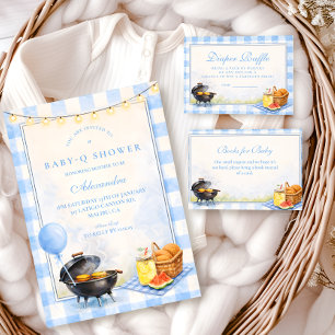 Blue Gingham Baby Q Baby Shower Invitation