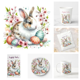 Easter Watercolor Rabbit Eggs and Flowers -   Small Gift Bag