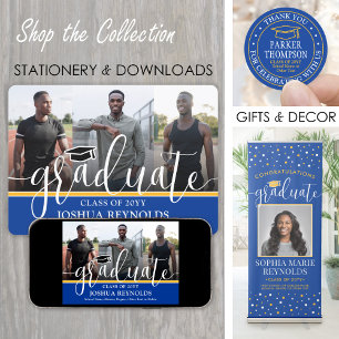 Modern Script Royal Blue & Gold 4 Photo Graduation Announcement