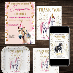 Pony birthday party cute pony gold sprinkles invitation