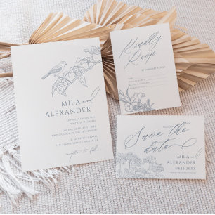 Dusty Blue Vintage Floral Songbird Wedding Invitation