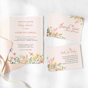 BOHO soft Flowers and Dragonflies Garden Wedding Invitation
