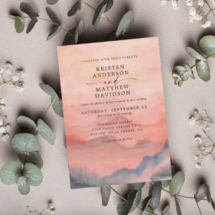 Mountain Rustic Sunset Watercolor QR Code Wedding Invitation