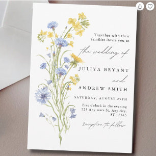Blue and yellow floral script wedding  invitation