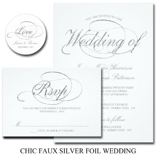 Chic Faux Silver Foil Script Wedding Invitation
