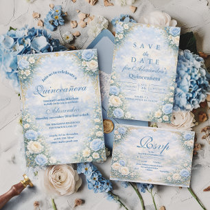 Blue Floral Gold Garden Quinceañera Save The Date