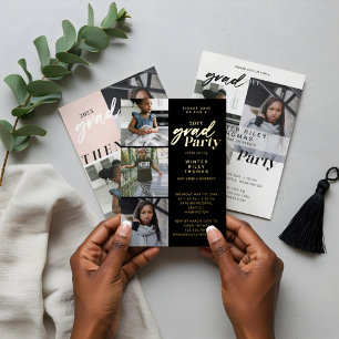 Modern Black Now & Then Two Photo Graduation Party Invitation