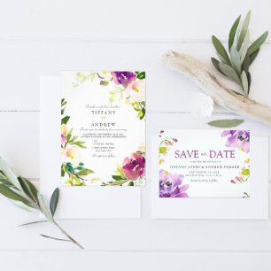 Purple Peach Floral Watercolor Wedding Invitation