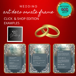 blue art deco ornate frame wedding invite