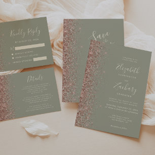 Modern Sage Green Rose Gold Glitter Edge Wedding Invitation