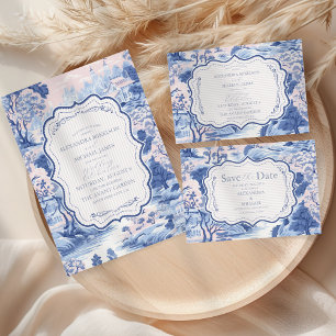 Blue White Chinoiserie Floral Porcelain Wedding RSVP Card