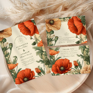 Vintage Poppy Floral Art Nouveau Wedding Thank You Card