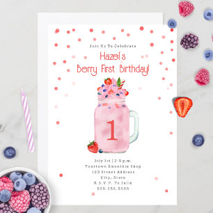 Berry First Birthday Party Smoothie Pink Invitation