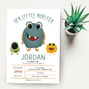 Boys Modern Blue Monster Alien Kids Birthday Invitation