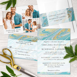 Turquoise & Gold Marble Swirl Agate Geode Wedding Invitation
