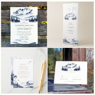 Watercolor Blue Mountain Wedding Details Card