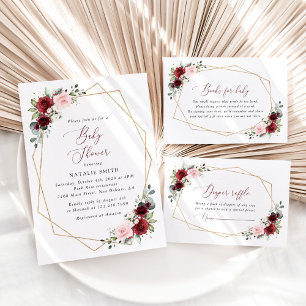 Burgundy Red Flowers, Pink Flowers, Baby Shower Invitation