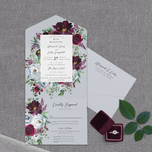 Burgundy Silver Grey Roses Botanical Invitation