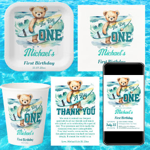The big one surfing birthday party thank you classic round sticker