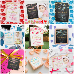 Hanging Love Hearts Little Sweetheart Birthday Invitation