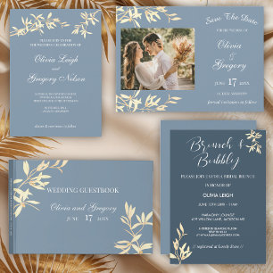 Timeless Floral Symphony in Blue Rehearsal Dinner Invitation