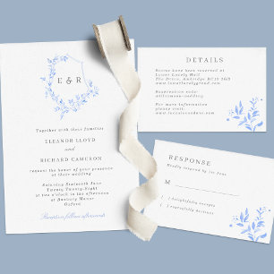 Regency Blue Monogram Leaf Crest Wedding Invitatio Invitation
