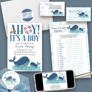 Ahoy It's a Boy Happy Whale Watercolor Baby Shower Invitation