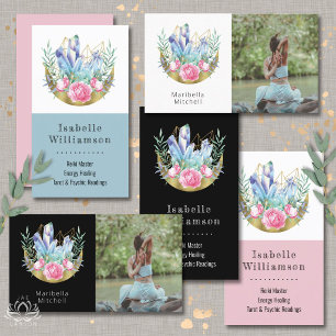 Boho Crescent Moon Crystals Pink Roses Photo  Business Card